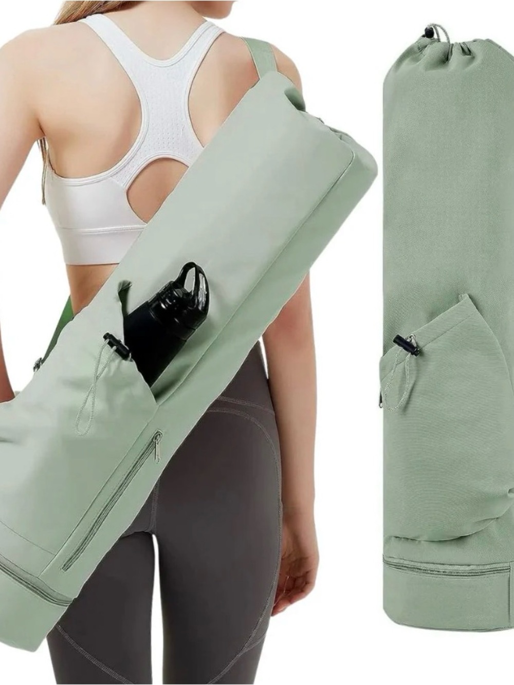 Sage Green Yoga Mat Carrier with Water Bottle Pocket